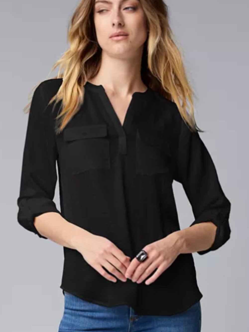 Simply Vera Vera Wang Roll-Tab Popover Blouse XXL 20 Black Business Casual